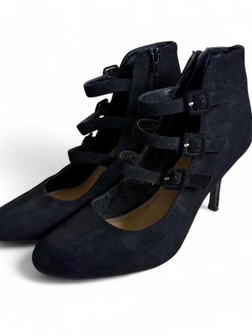 Triple Buckle Black Suede Stiletto Heels 9M Dress Shoes Goth Dark Academia Edgy